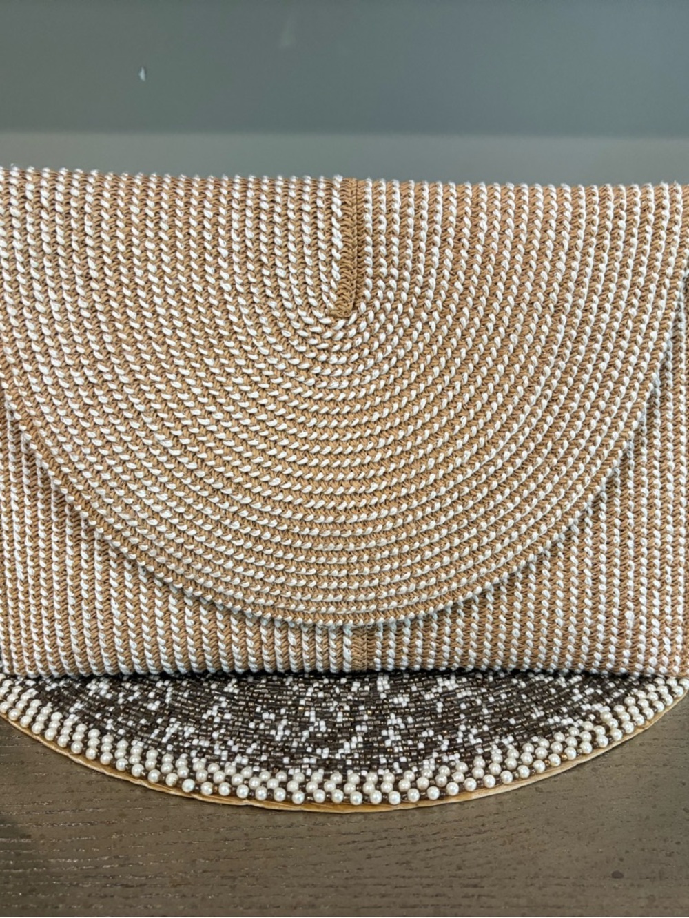 Handwoven Natural & White Straw Clutch with Bead Trim